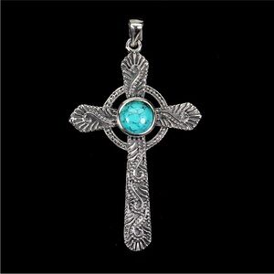 Beautiful Cross Pendant with Natural 8mm Turquoise Center 18” chain included